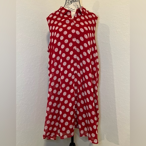 Red Polka Dot Button-Up Dress w Pockets - Picture 1 of 14